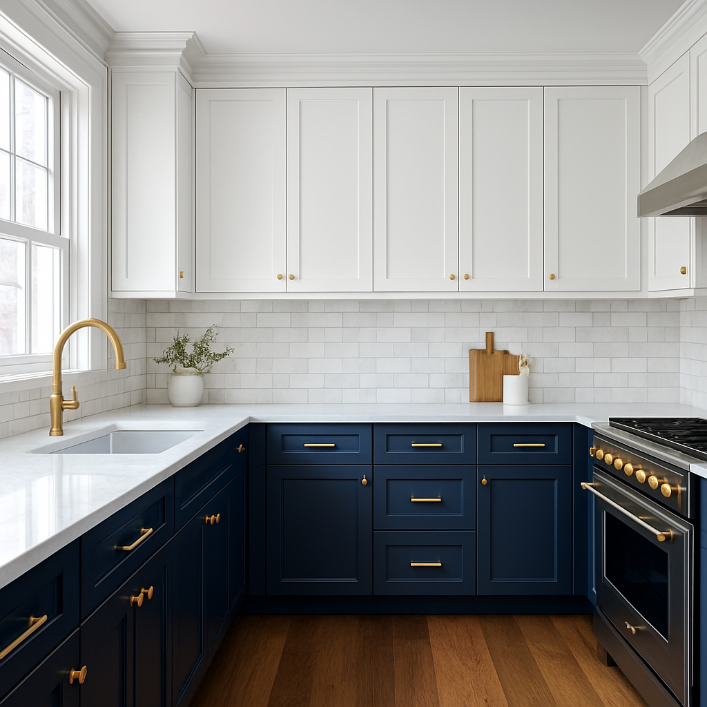 Navy and white transitional kitchen
