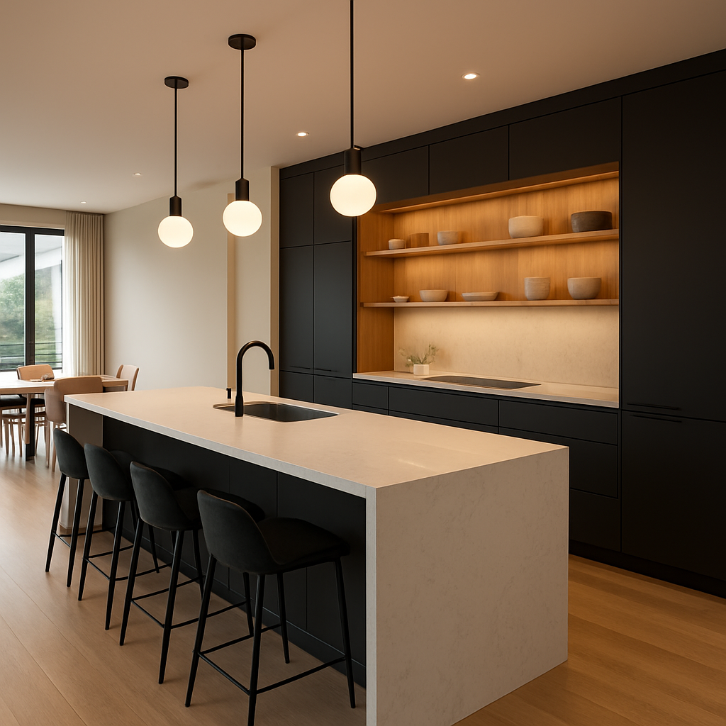 Open-concept kitchen with waterfall island